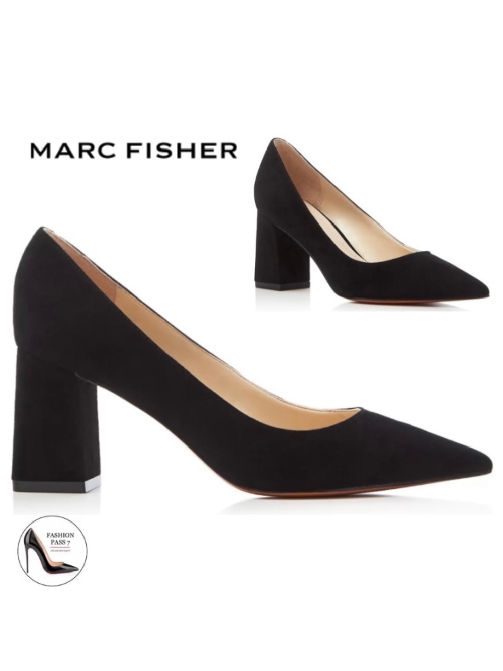 MARC FISHER Zala Black Suede Classic Pointed Toe Medium Block Heel Pumps 7.5